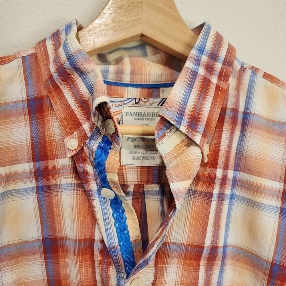 Panhandle Rough Stock Short Sleeve Size L Plaid Rust Orange Cream Off White